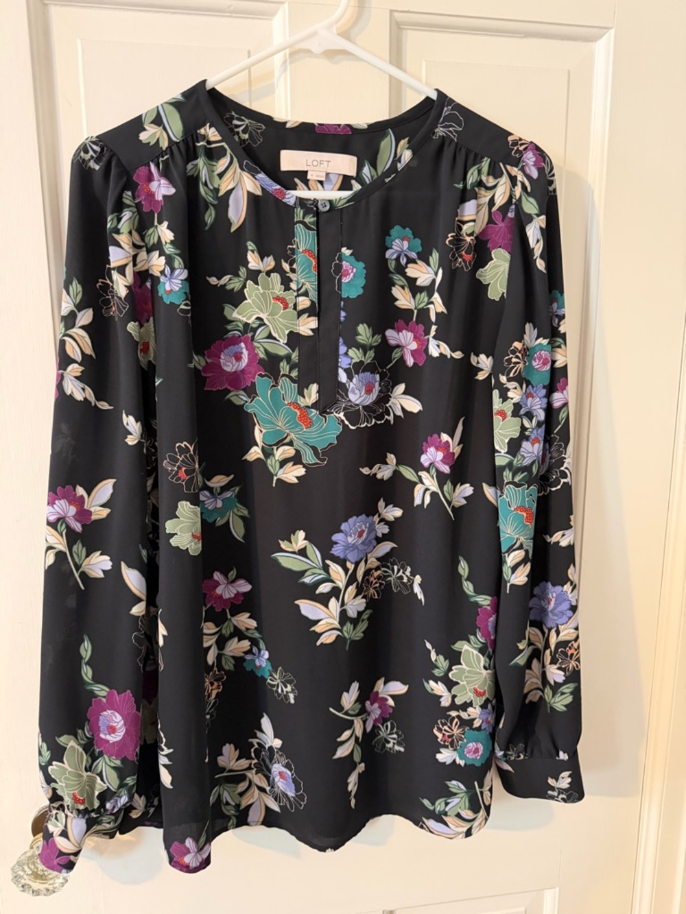 LOFT Black Floral Long-Sleeve Henley Blouse